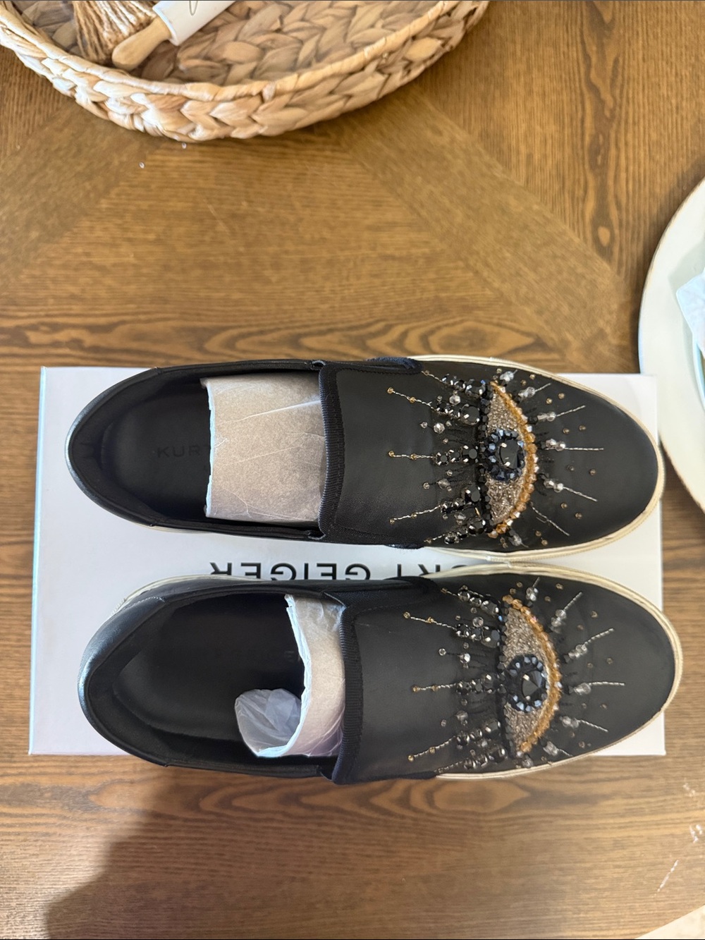Kurt Geiger Black Leather Slip-On Embellished Sneakers - Picture 6 of 7